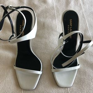 SAINT LAURENT WHITE PATENT HEELED SANDALS SZ36